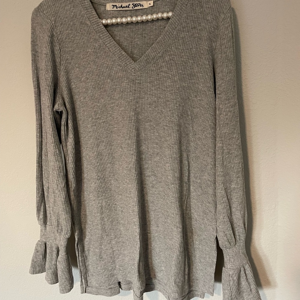 Michael Stars Gray Ribbed Blouse Relaxed Fit - Small